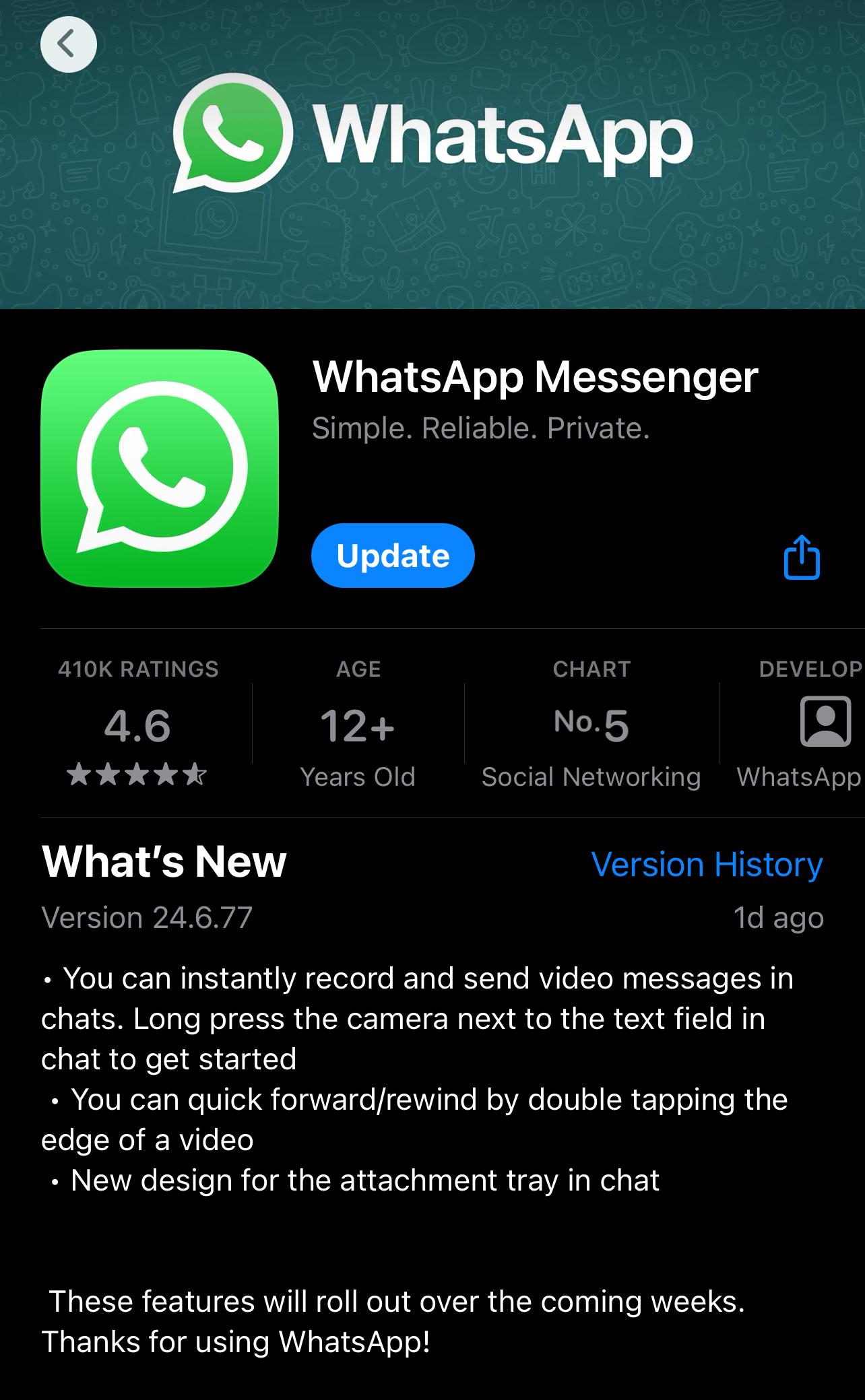 WhatsApp新功能|WhatsApp更新中,可見三項新功能。