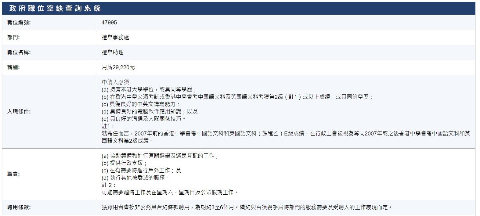政府工|選舉事務處聘請選舉助理,月薪29,220元。(公務員事務局網頁截圖)