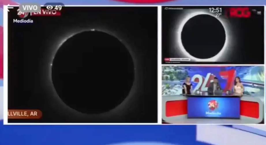 墨西哥電視台RCG Media的三位主播在報道日全食出現的新聞時,畫面播放了觀眾提交拍到的影片。