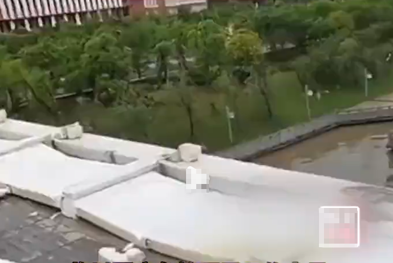 江西撫州臨川區一座投資近兩億人民幣的大橋,其圍欄被大風吹倒發生倒塌。(影片截圖)