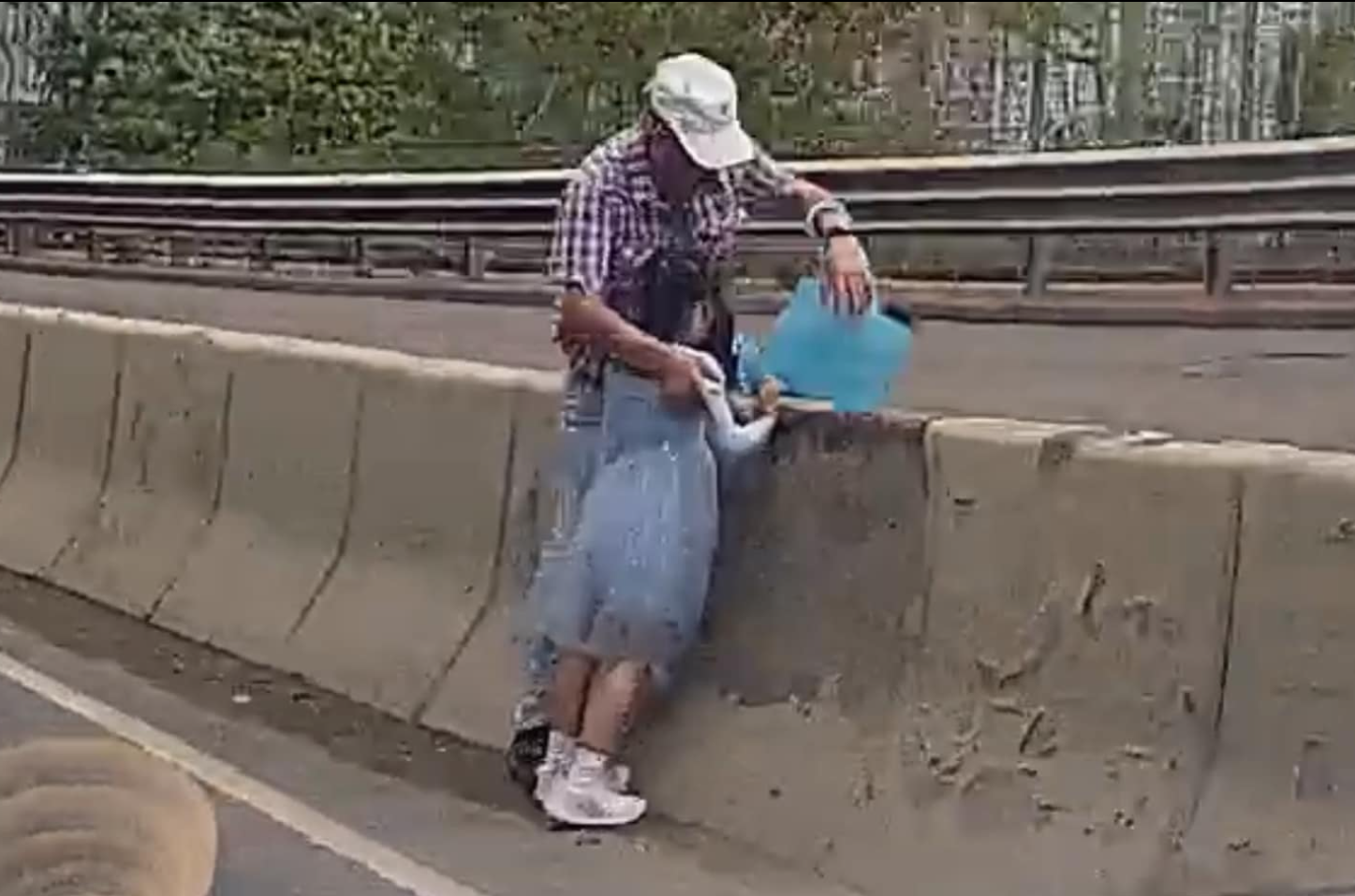 南區石排灣道一名老翁攜女童行走期間,兩人挺而走險行出馬路,橫跨石壆三綫車道走過對面行人路,無視車來車往,有經過車主的車Cam拍得驚險場面,斥二人行為非常危險。 facebook群組「南區之友^o^」