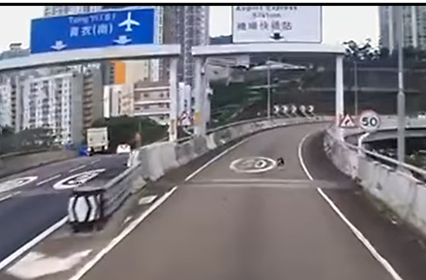 社交平台流傳多段影片,一隻有牽繩的黑色柴犬於青衣南橋大奔走,路面司機紛紛減速停車讓路。(青衣街坊吹水會fb)