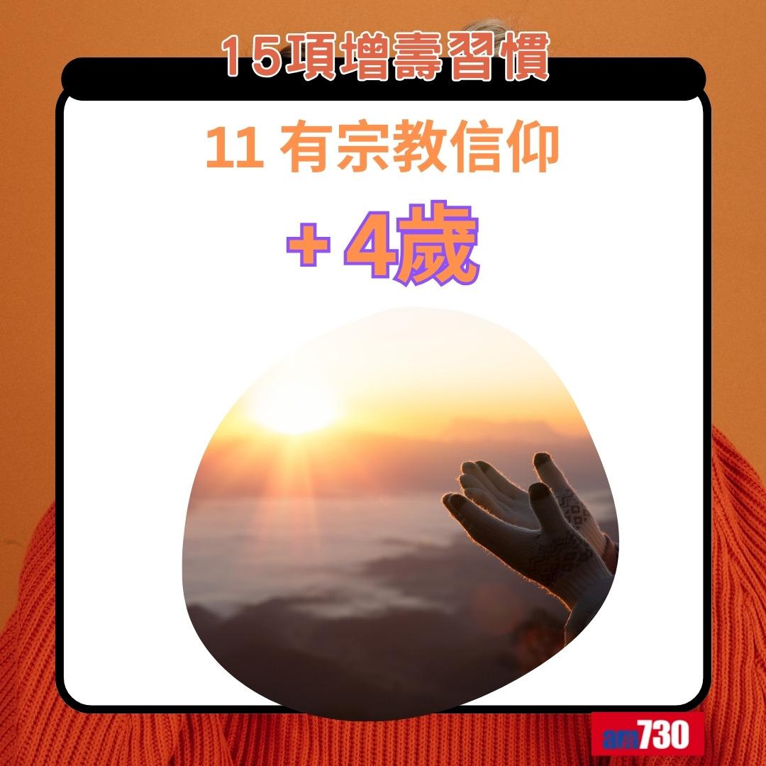 15項增壽習慣|有宗教信仰+4歲(am730製圖)