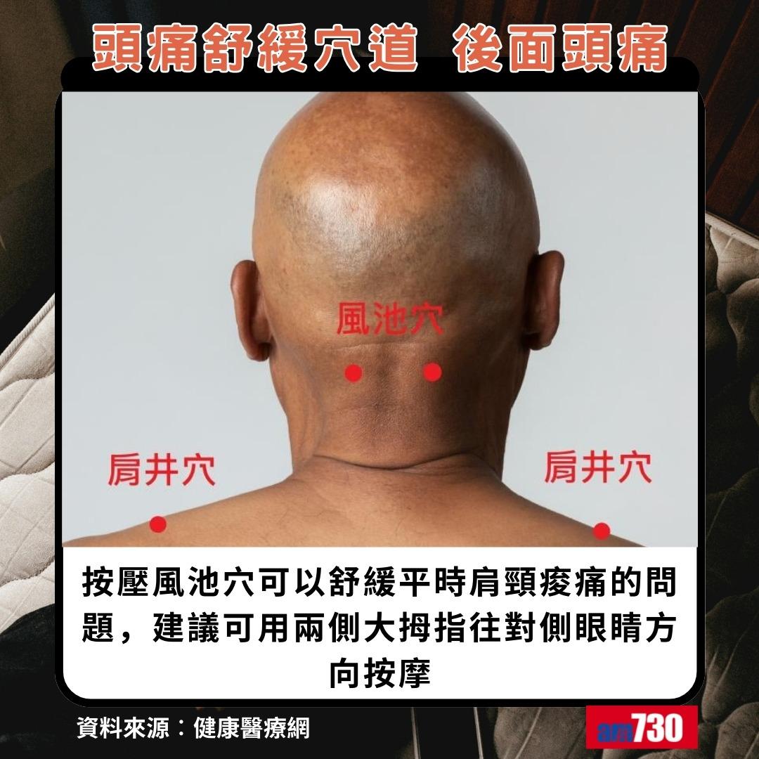 頭痛舒緩穴道|後面頭痛,風池穴、肩井穴(am730製圖)