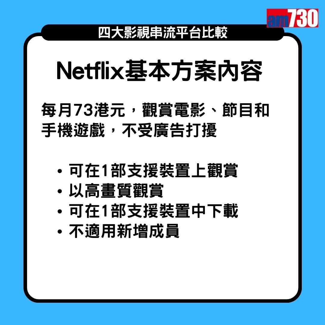 Netflix、Disney+、Viu、HMVOD 串流平台收費2024,Netflix分基本、標準及高級方案3個價錢(am730製圖)