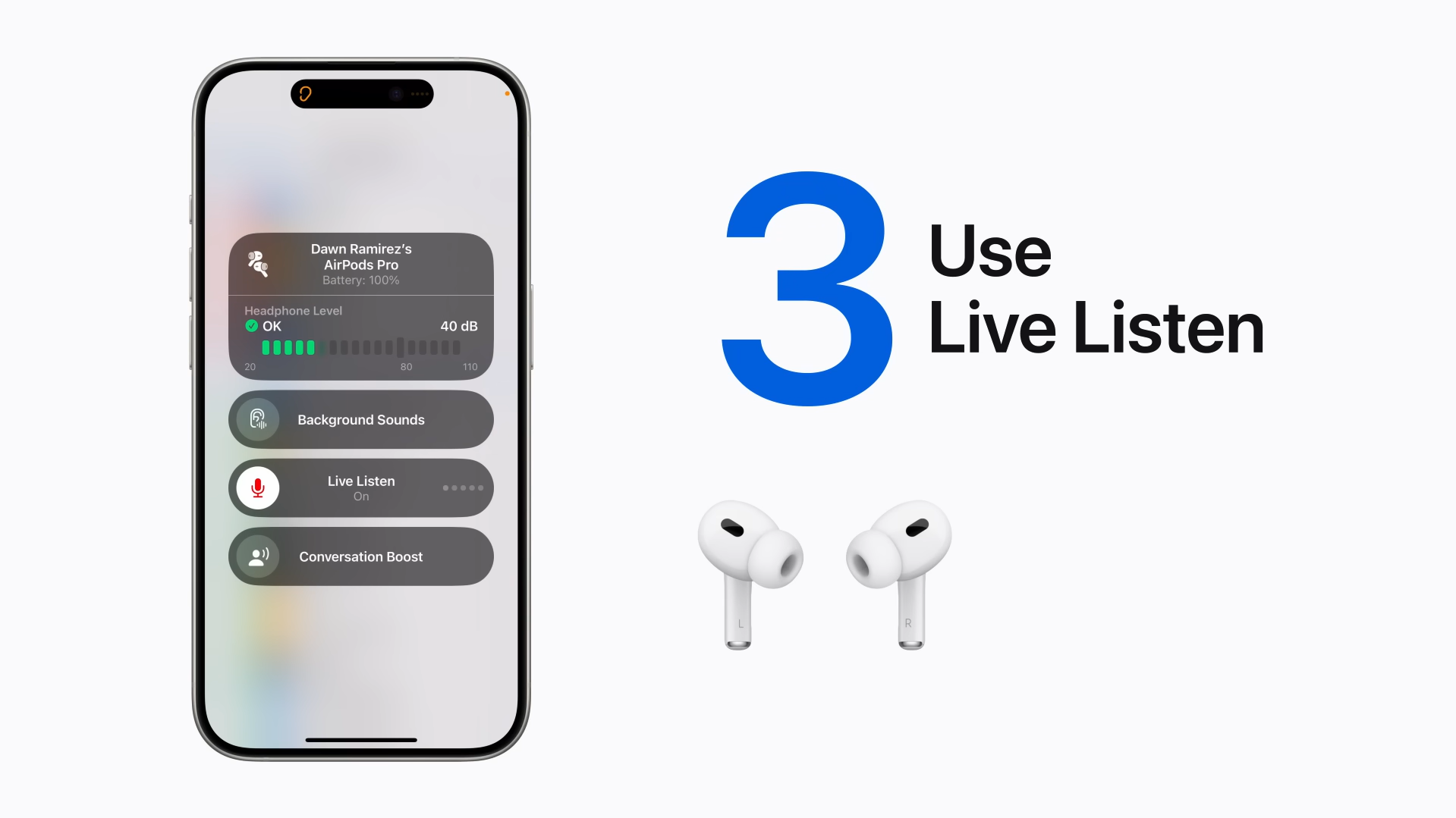 AirPods實用功能|即時聆聽功能可將iPhone或iPad當作咪高峰,AirPods作收音,即使在不同房間都可以聆聽對話。