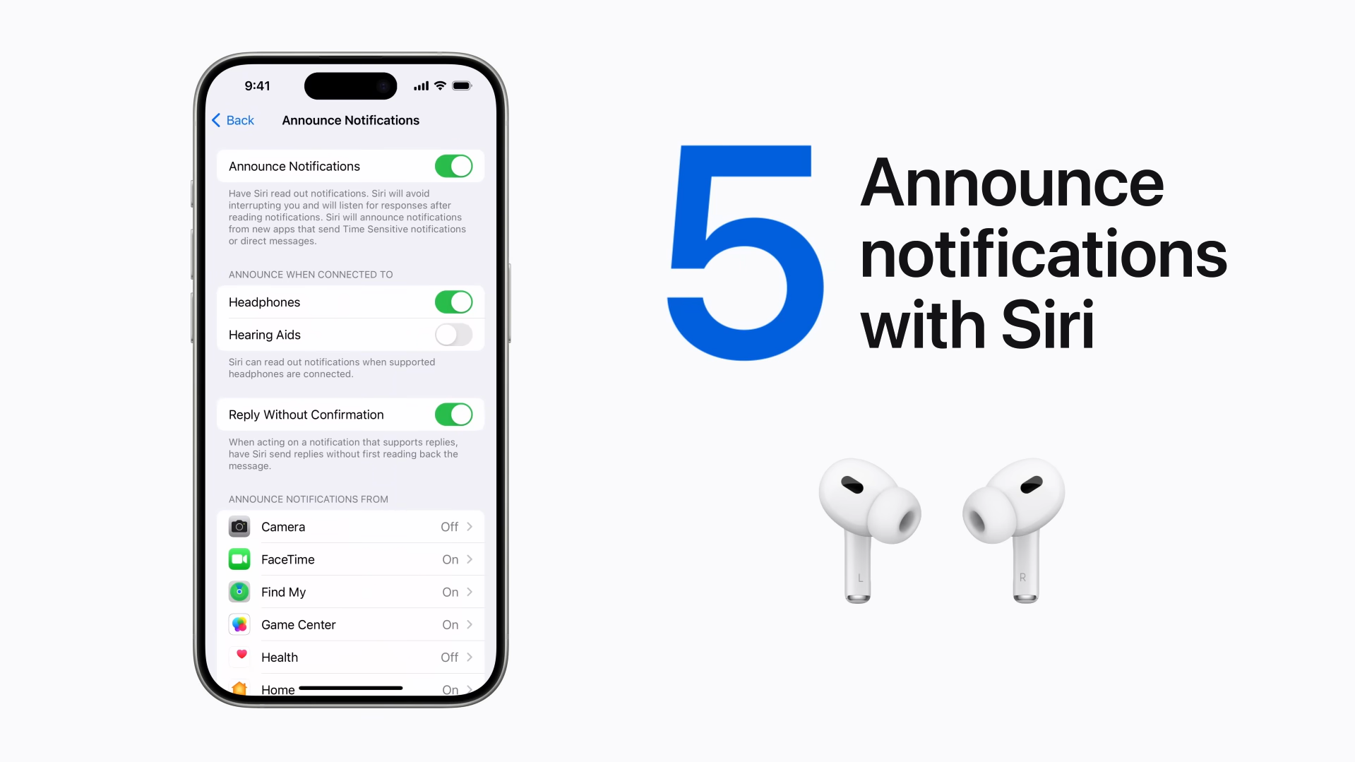 AirPods實用功能|配戴AirPods時,可以透過Siri播報訊息、提醒事項等通知。