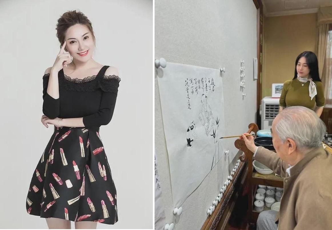 徐萌據稱是90後汽車節目主持,圖右為范曾在社交平台貼出徐萌在旁看著他作畫的照片。(互聯網)