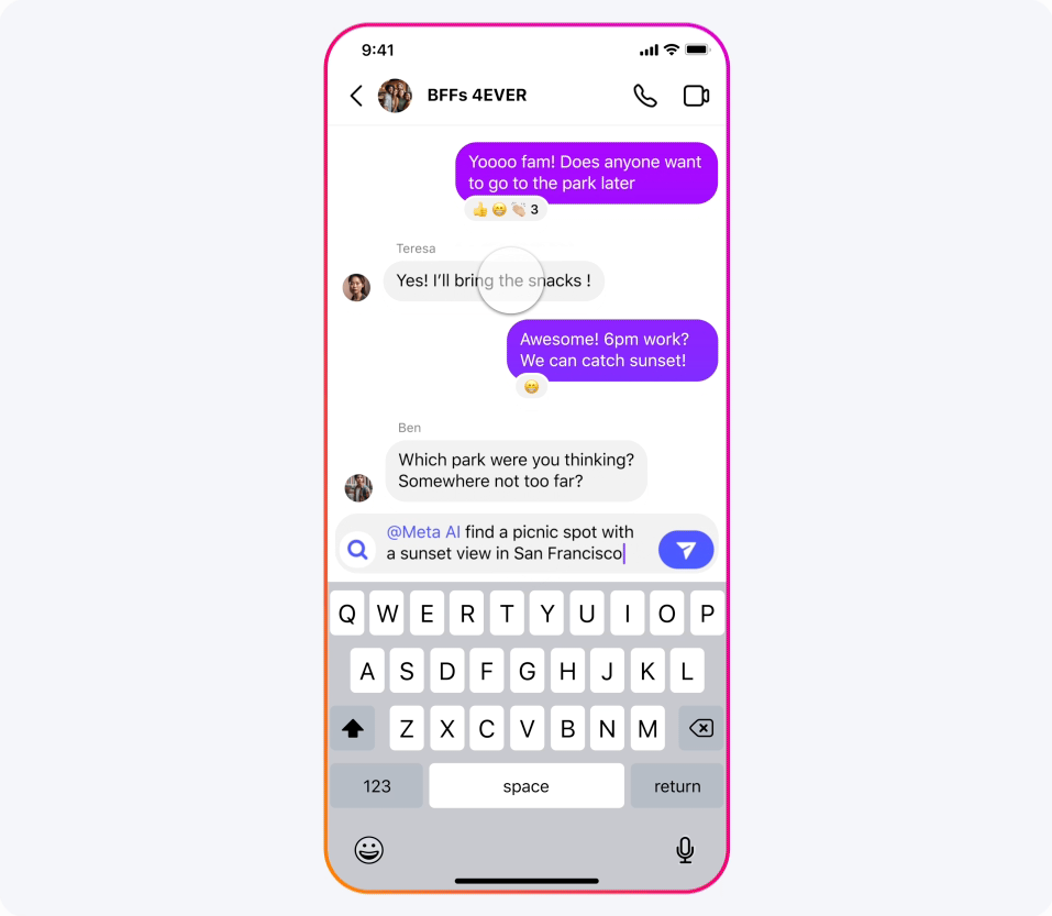 Meta AI|最新功能是可以在Meta各平台上直接使用,包括FB、IG及Messenger,而且能在對話之中查詢。