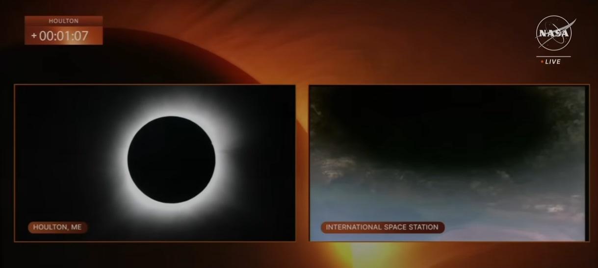 美國太空總署分享日全食畫面,右為國際太空站太空人拍攝到月球陰影投落在地表的畫面。(互聯網)