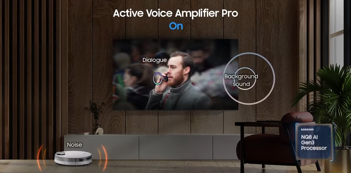Samsung AI電視|主動式抗噪聲效Pro會利用AI分析內容,將聲音與場景中的背景聲音及環境噪音隔離。