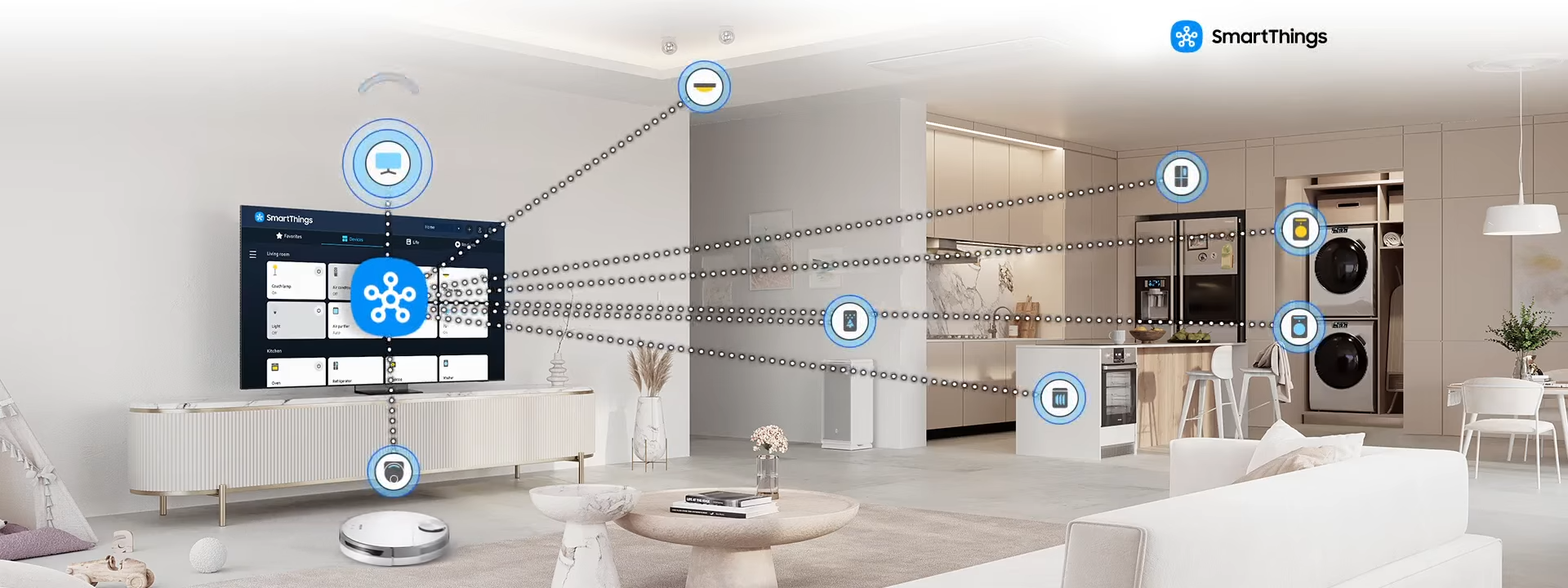 Samsung AI電視|內置的SmartThings Hub支援 Matter,即使沒有額外的橋接器,也可連接裝置直接從屏幕管理。