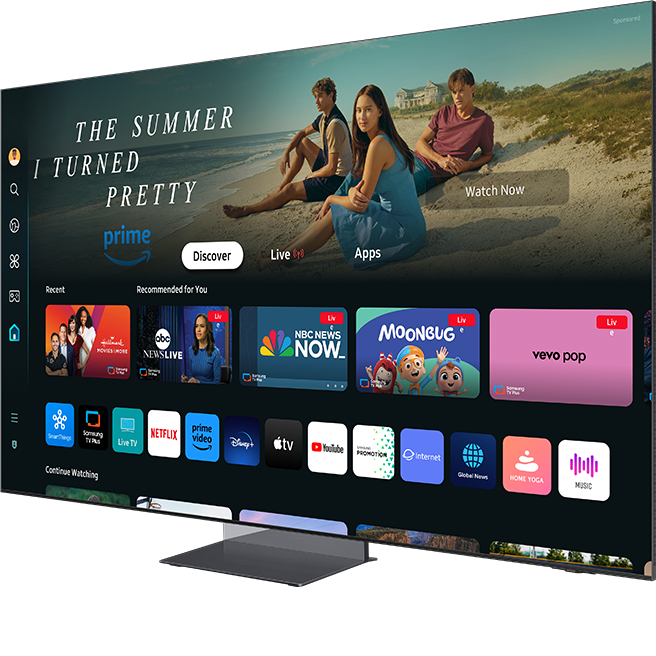 Samsung AI電視|使用Samsung Tizen OS的應用程式和服務,透過Samsung TV Plus可收看免費直播電視頻道、自選電影和遊戲。