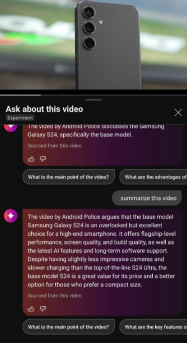 在按下「Ask」按鈕以後即會彈出聊天視窗,且有「總結影片」、「推薦相關內容」等常用選項方便用家使用,當然我們也可以自行輸入問題。