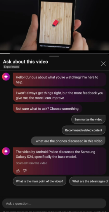 在按下「Ask」按鈕以後即會彈出聊天視窗,且有「總結影片」、「推薦相關內容」等常用選項方便用家使用,當然我們也可以自行輸入問題。