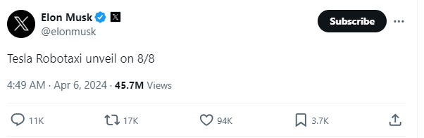 馬斯克在X上宣佈Tesla無人駕駛的士將於8月8日亮相。