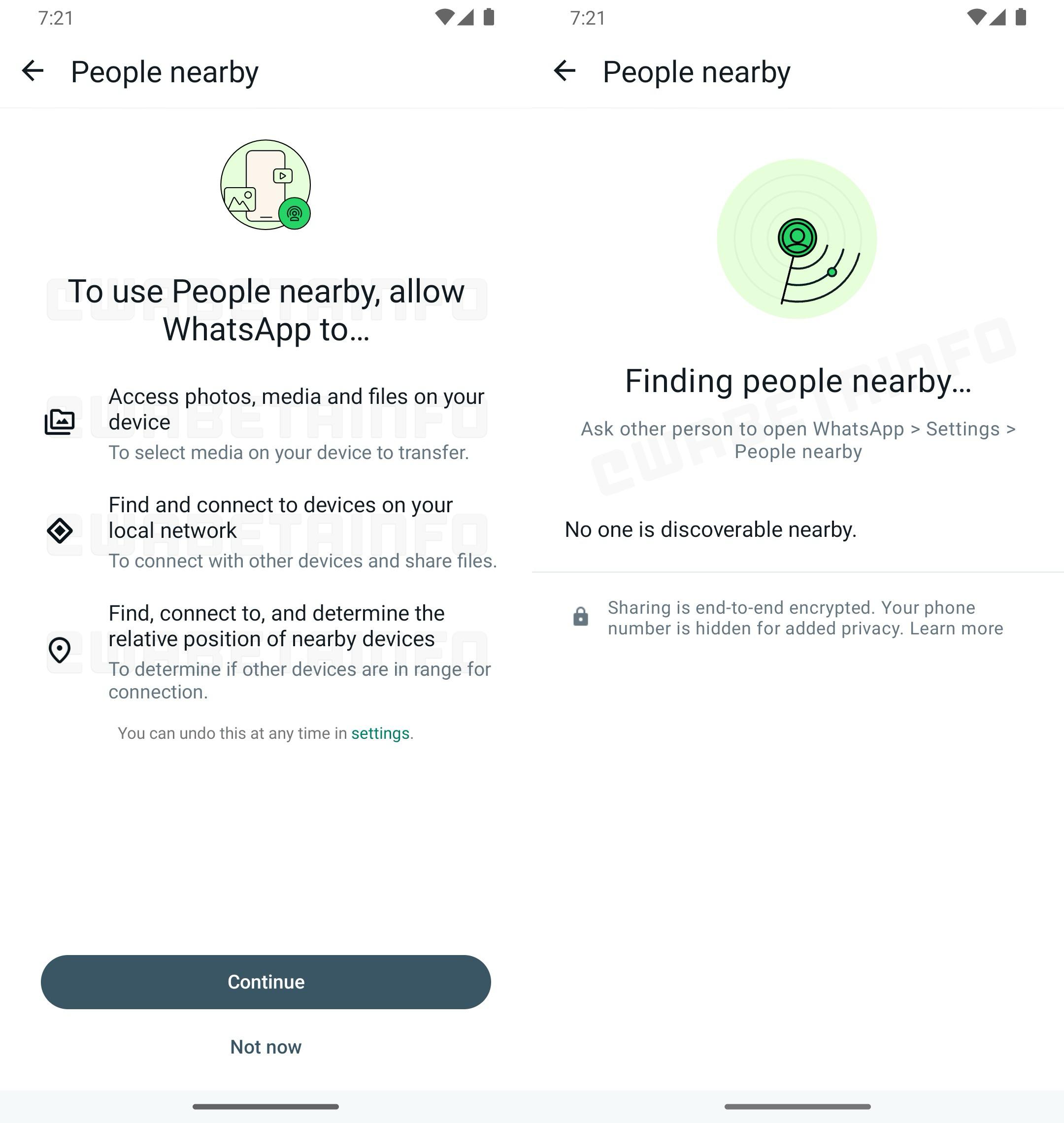 WhatsApp新功能|使用People nearby功能時不使用數據就能搜尋對方的設備。(圖片來源:WABetaInfo)