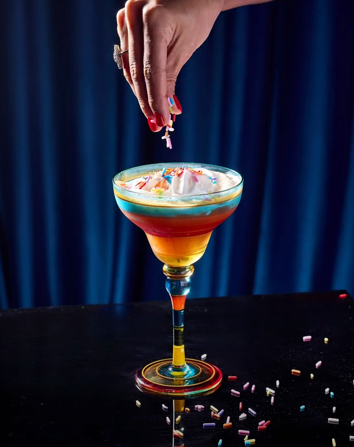 Arlequin雞尾酒是一款迷人又異想天開的作品,靈感來自深受喜愛的法國Lutti Arlequin彩虹糖,同時滿載Max 美好童年記憶;挑色彩繽紛瑪格麗特雙圓弧造型杯子,加強俏皮及趣味性。平衡地混合Belvedere伏特加、新鮮青檸、士多啤梨、熱情果及Galliano利口酒創造獨特味道,淡淡雲尼拿及八角增添氛芳氣息;頂部加上輕盈雲尼拿泡沫及撒上色彩繽紛糖粒,酸味交織至甜味的酸澀平衡,開展充滿玩味歡笑的味覺之旅。