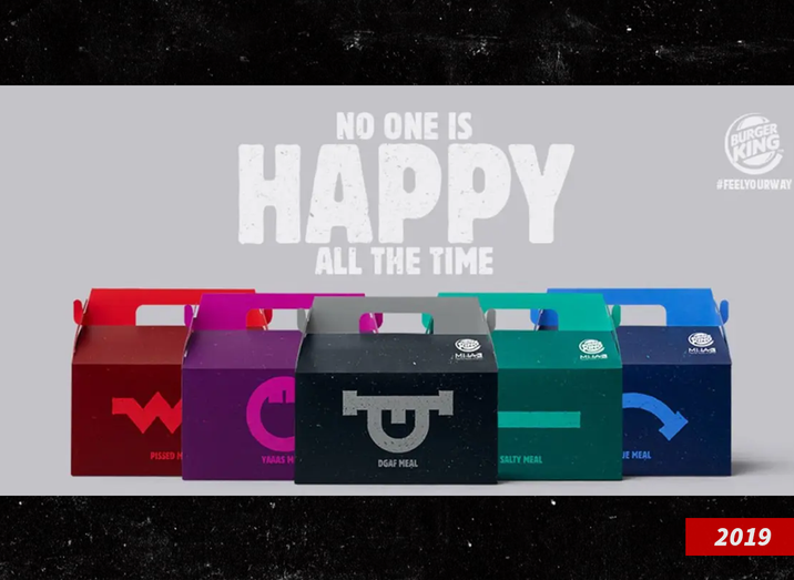 Burger King亦曾於2019年推出套餐稱「無人會一直開心」(no one is happy all the time)。(互聯網)