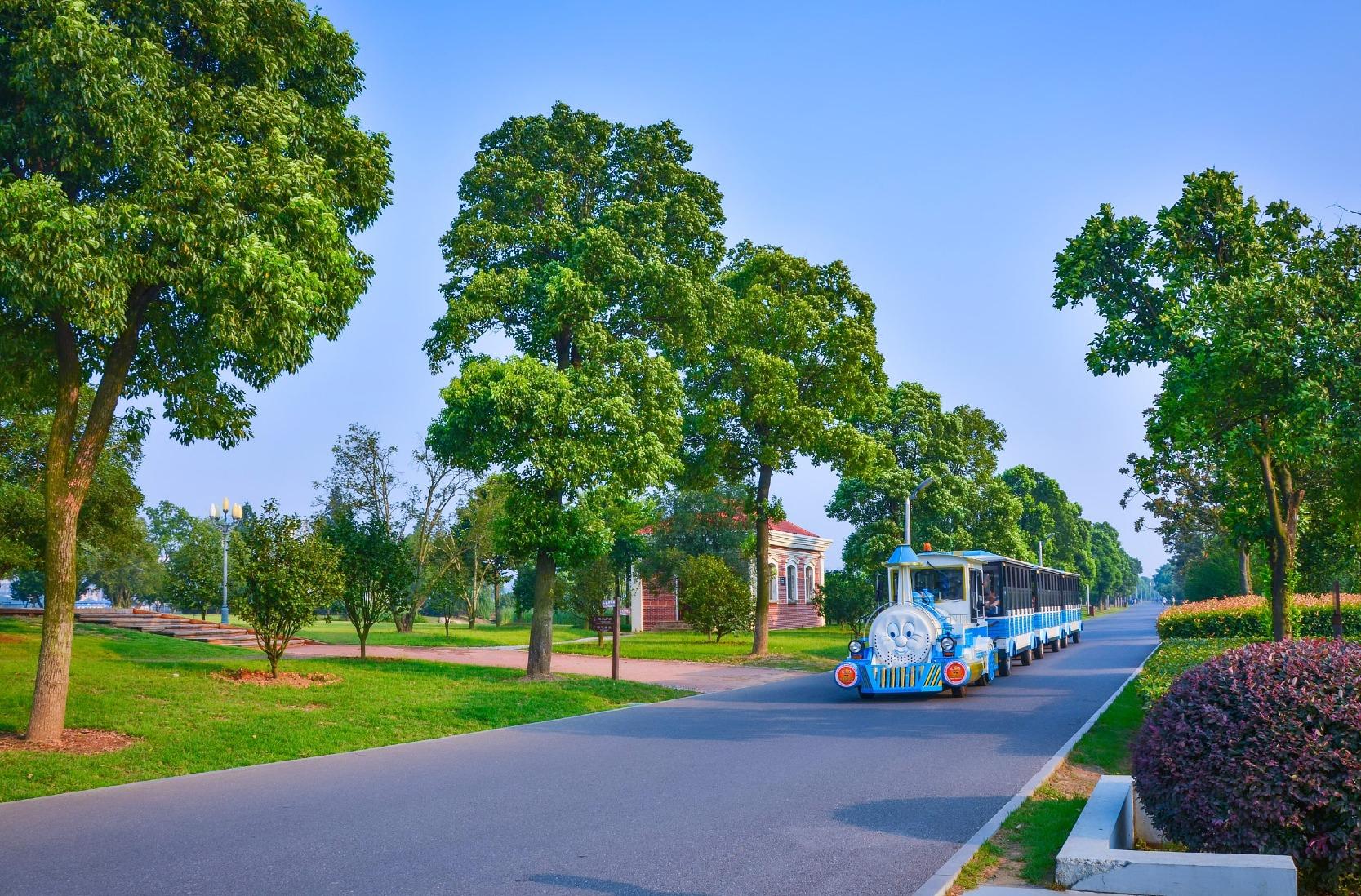 長沙橘子洲上設有觀光小火車,大家可在不同景點處乘搭這些造型可愛的小火車,代步之餘,還能欣賞沿途風光。(圖片來源:視覺中國)