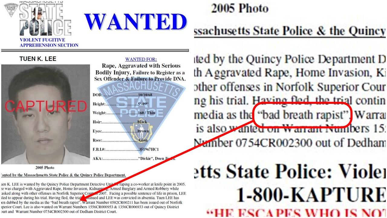 警方指明李是「口臭強姦犯」(Bad Breath Rapist)。(X)