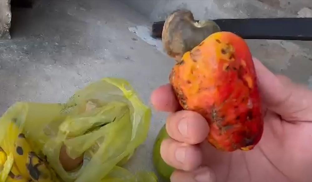 他買來腰果蘋果試吃,到手後好奇咬了一口,詎料遭受灼傷。(dailymotion)