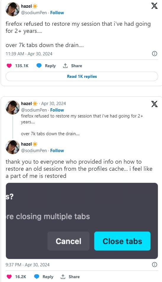 一名女工程師用Firefox瀏覽器開了7470個分頁,結果手滑全關掉她崩潰上網求援。(X)