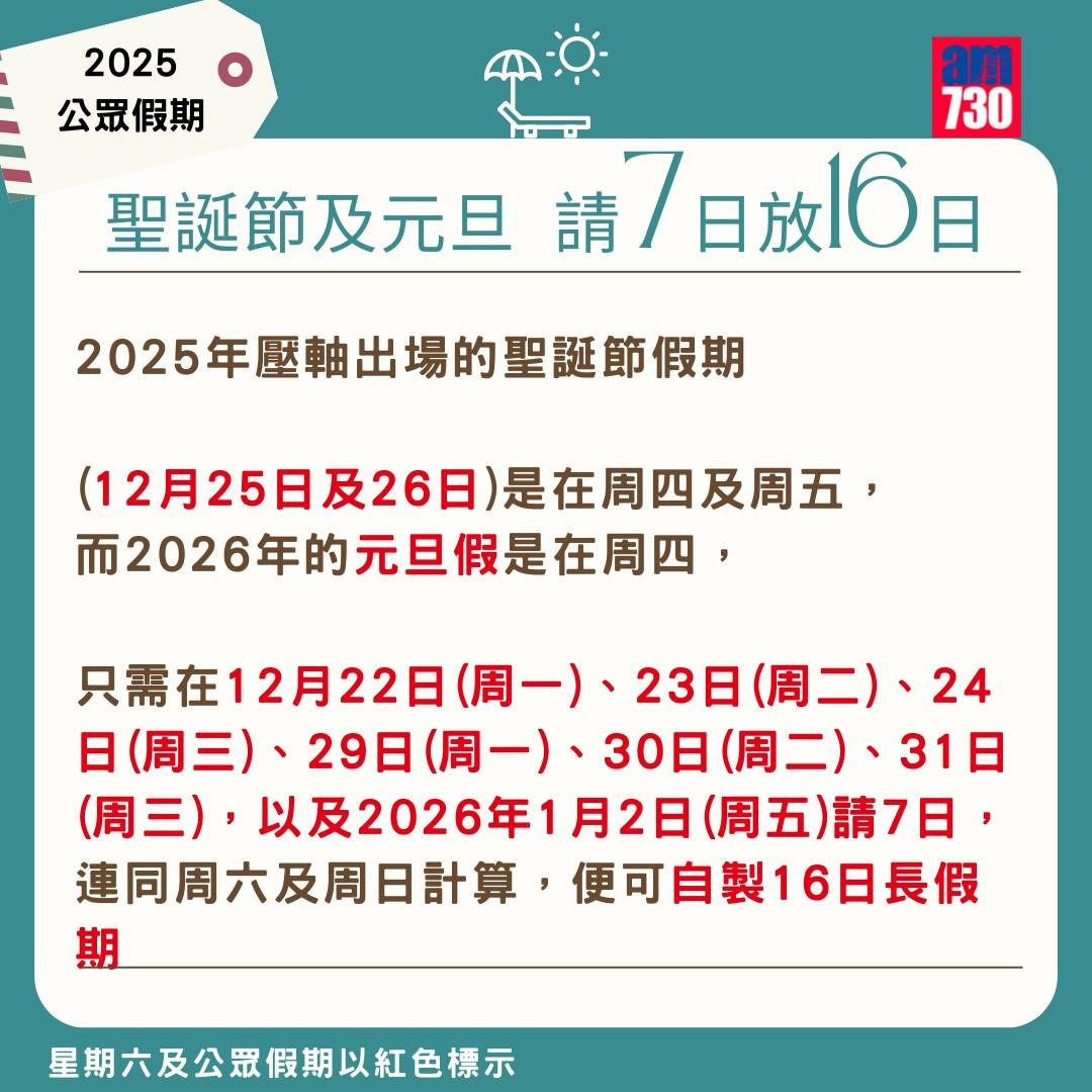 2025公眾假期請假攻略|聖誕節及元旦(am730製圖)