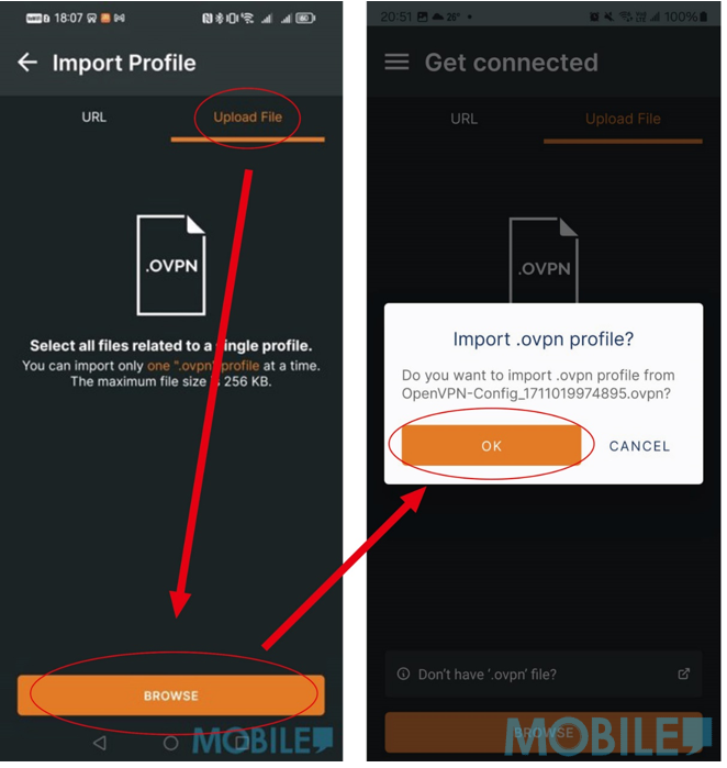 開啟”OpenVPN” APP,選擇”Upload File”及”BROWSE”,找回已下載的OpenVPN設定檔,就可連線。