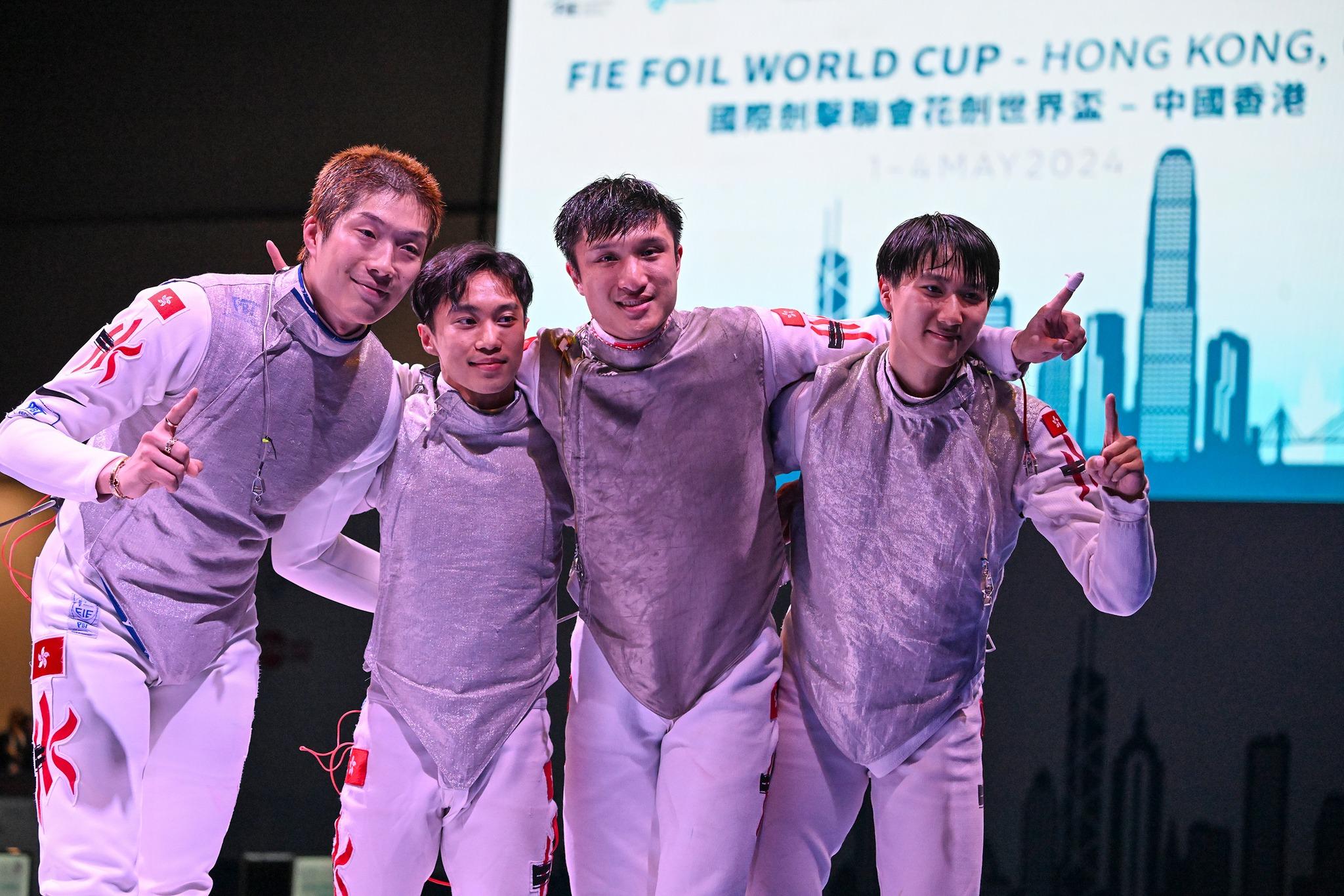 國際劍擊聯會花劍世界盃香港站,港隊在男花團體賽決賽反勝意大利隊,奪得隊史世盃分站首金 (國際劍擊總會)
