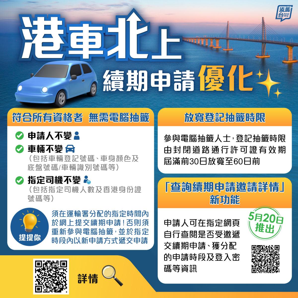 港車北上續期安排優化,2024年5月20日起增設查詢續期。(添馬台FB)