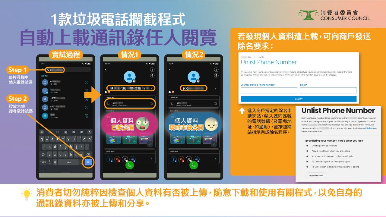 消委會|垃圾電話攔截程式「反被送資料」,兩款程式涉上載用戶通訊錄供他人搜尋。(消委會圖片)