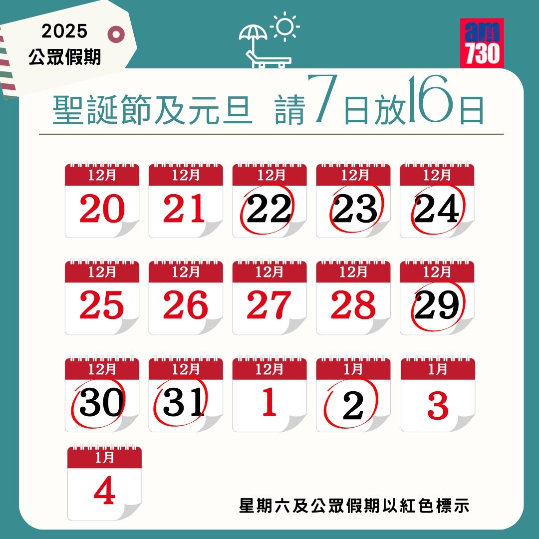 2025公眾假期請假攻略|聖誕節及元旦(am730製圖)