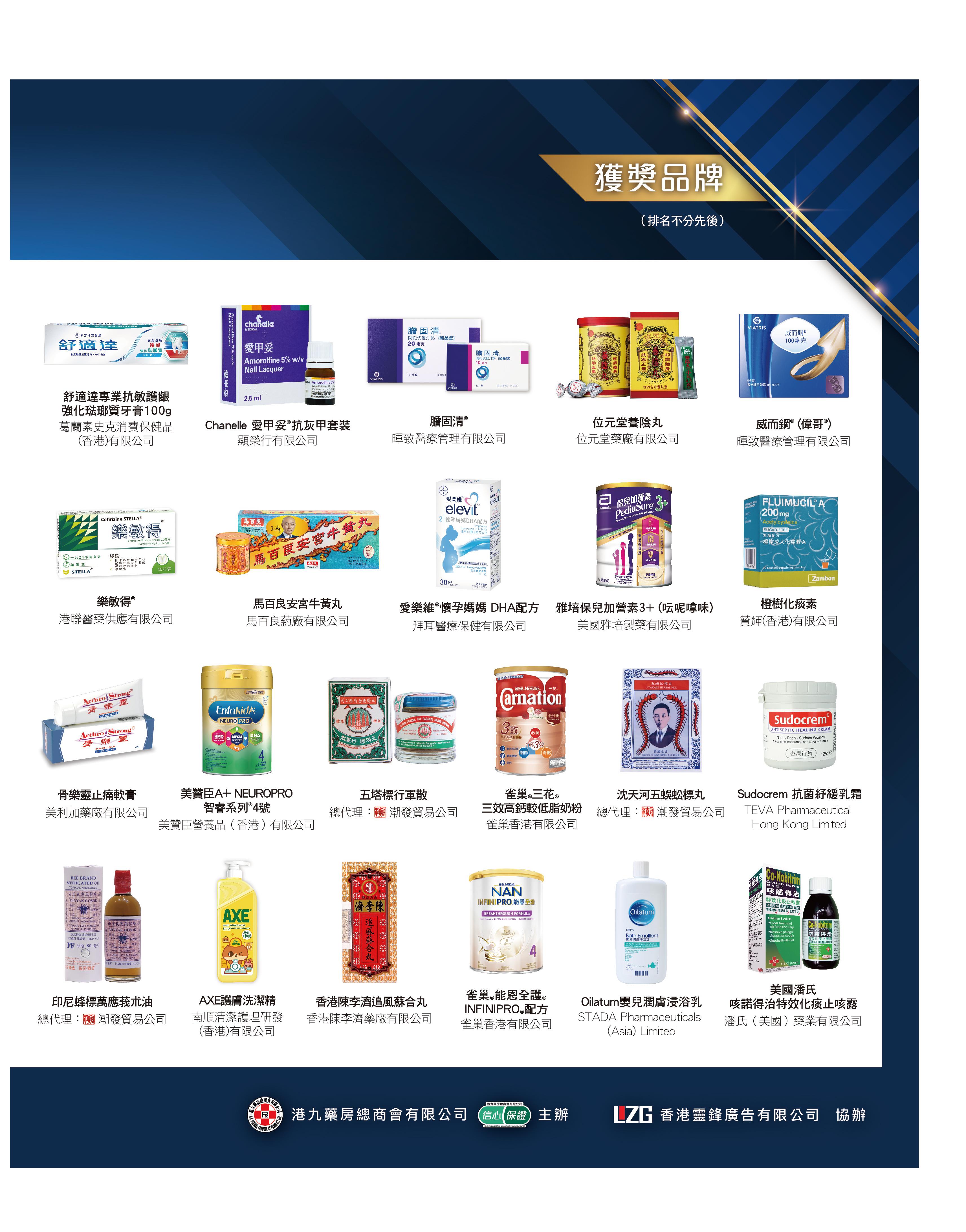 「2023-2024年度最受香港藥房歡迎品牌大獎」獲獎品牌(排名不分先後)