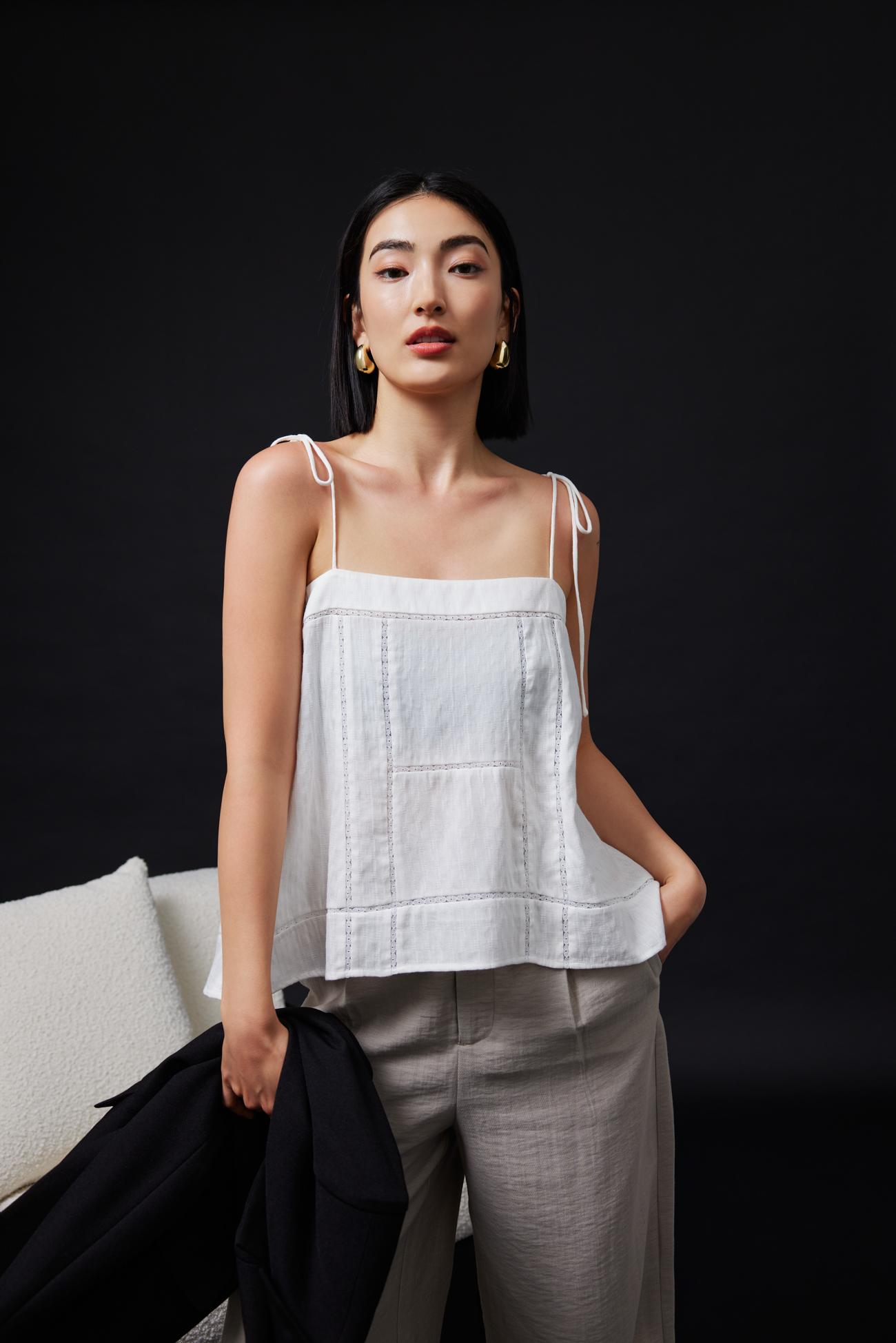 Cotton Panelled Camisole Top (White) and Tailored Straight Leg Pants (Light Grey)