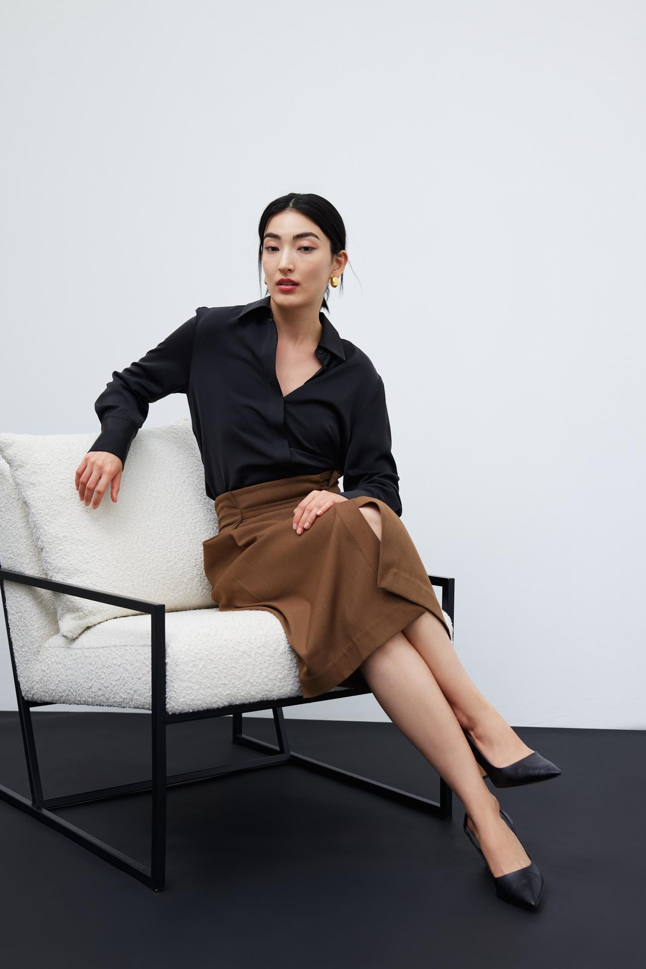 Ivy Satin Button Down Shirt from Signatures (Black) and Belted Pencil Midi Skirt (Golden Brown)