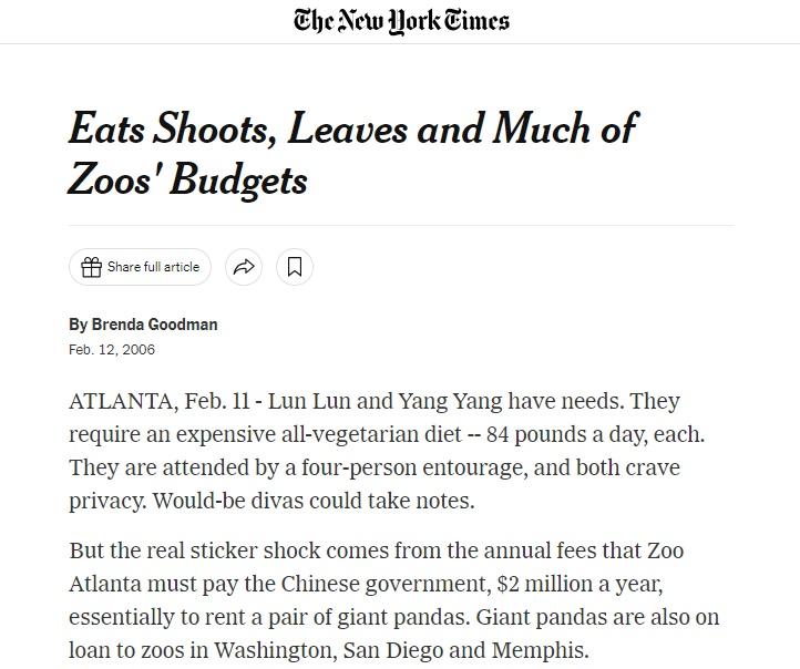 當年《紐約時報》刊登一篇題為《吃掉竹筍、竹葉和大量預算》文章。