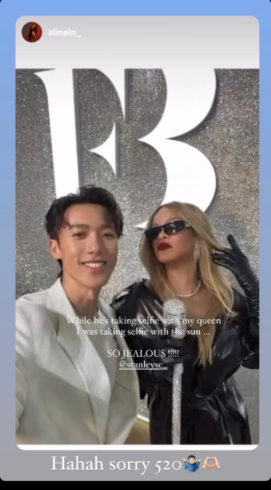 Alina對男友能與Rihanna自拍,表示好葡萄。