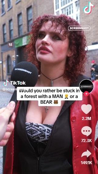 TikTok有街頭訪問女性,問她們若在森林落單,寧願遇上陌生男還是野熊。(互聯網)