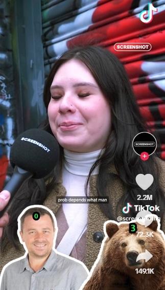 TikTok有街頭訪問女性,問她們若在森林落單,寧願遇上陌生男還是野熊。(互聯網)