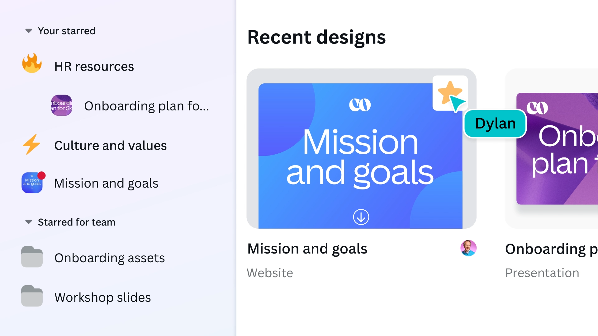Canva新功能|可將設計、文件夾或模板打星成為捷徑。