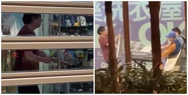 水泉澳快餐店斬人︱身穿紅色上衣的兇徒跟追上前的途人對峙,有人將收餐車推向持刀男阻止他走近,亦有人揮動一把梯打向兇徒(香港突發事故報料區fb)