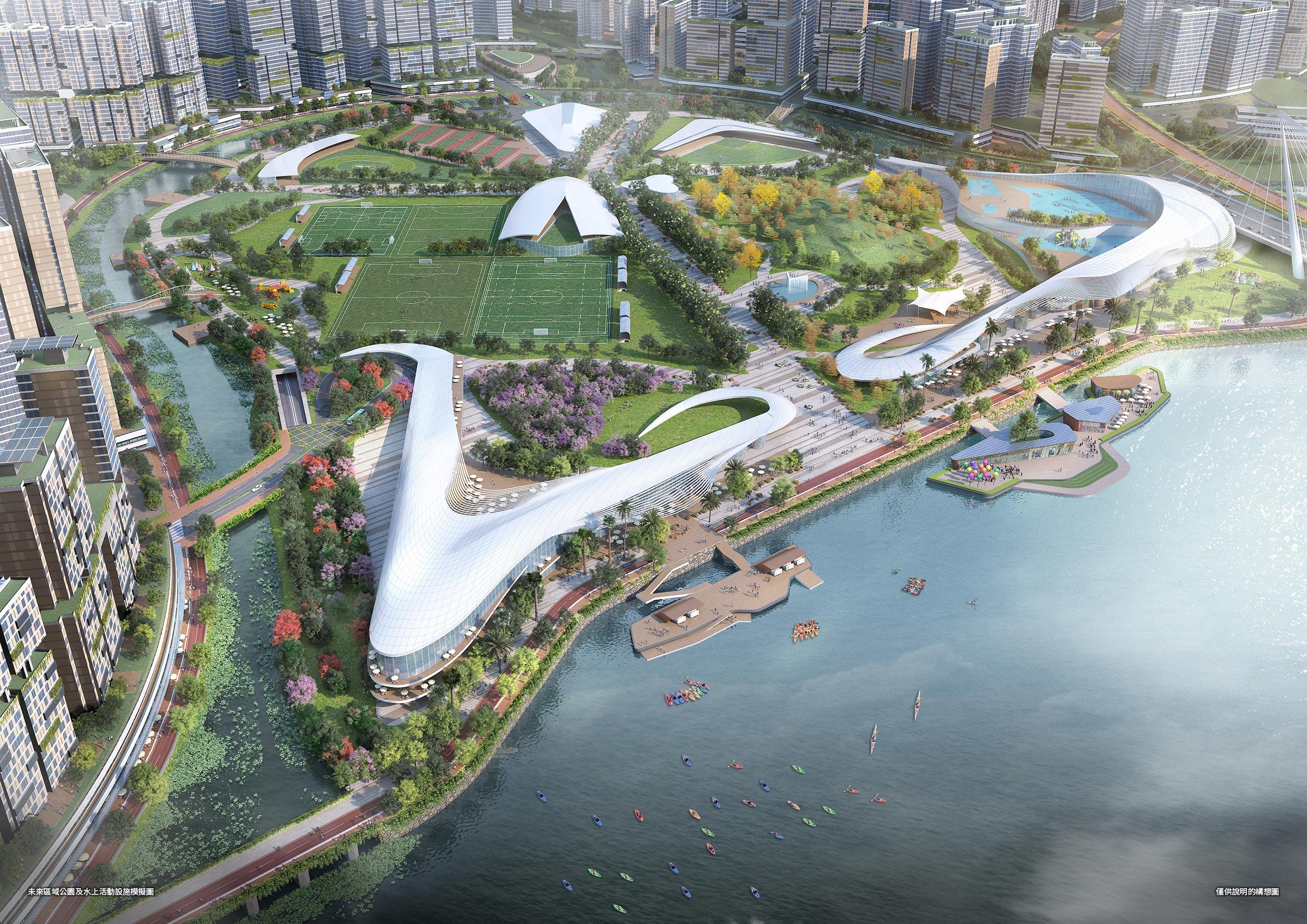 擬議交椅洲人工島提供大片土地,可作整體綠色規劃(發展局圖片、交椅洲人工島構想圖)