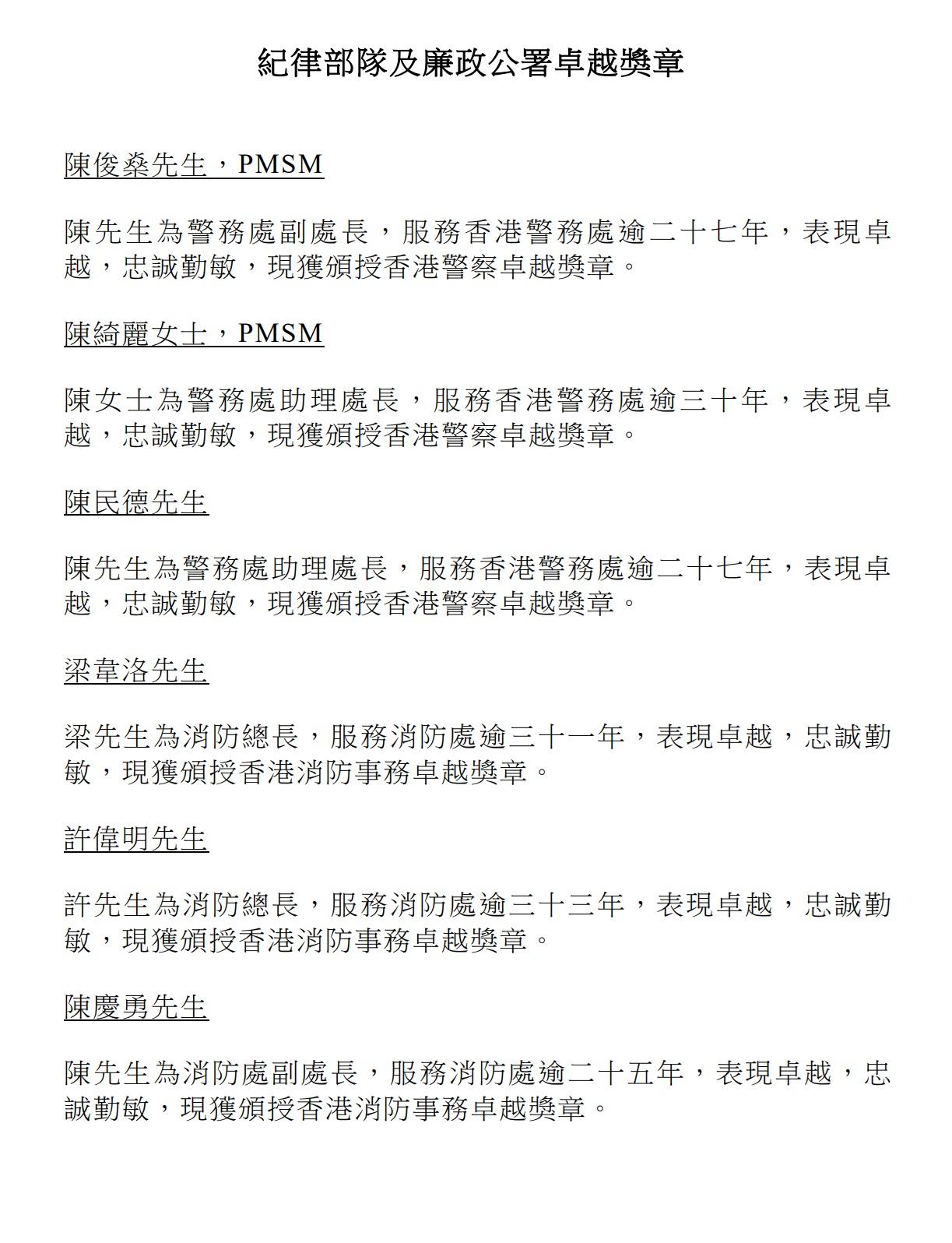授勳2024|紀律部隊及廉政公署卓越獎章。(政府新聞處)