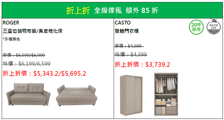 著數優惠|實惠大「折」日限時折上折 全線傢俬額外85折