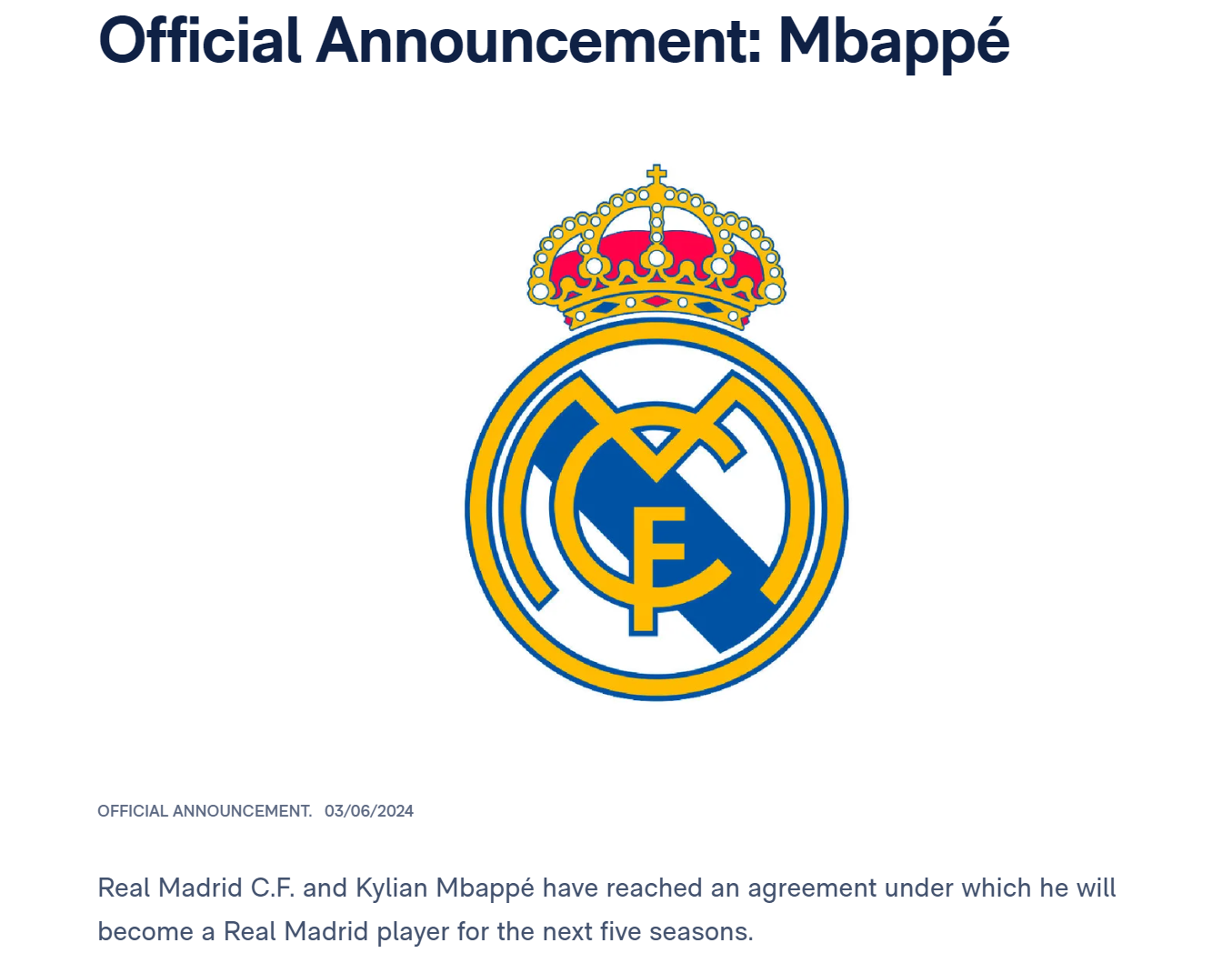 皇家馬德里宣布同本月底約滿巴黎聖日耳門的法國前鋒麥巴比簽約5年。