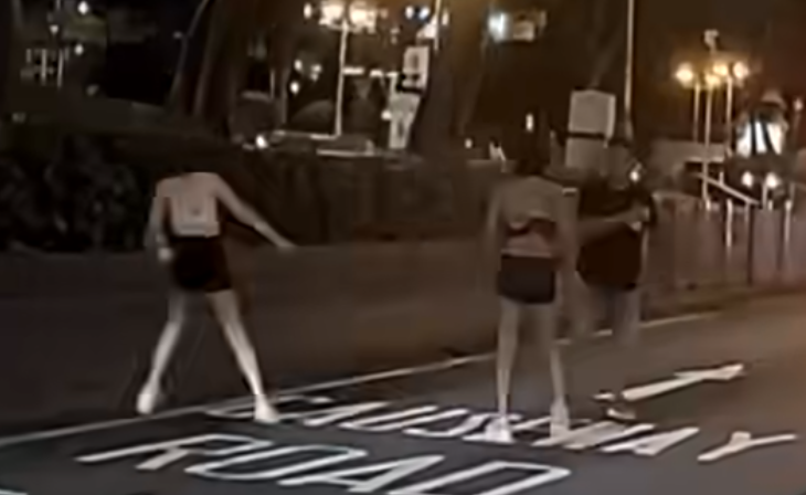 此時,在旁的白衣女疑步伐不穩失平衡跌在行人路上,一隻鞋甩掉。 FB「車camL(香港群組)」影片截圖