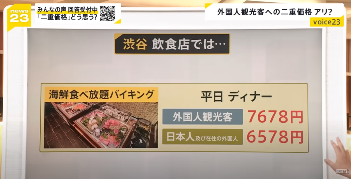 日媒報道,東京澀谷採取外國遊客與本地人兩種收費制的海鮮放題餐廳。資訊顯示收費差別,連稅相差1,100日圓。(互聯網)
