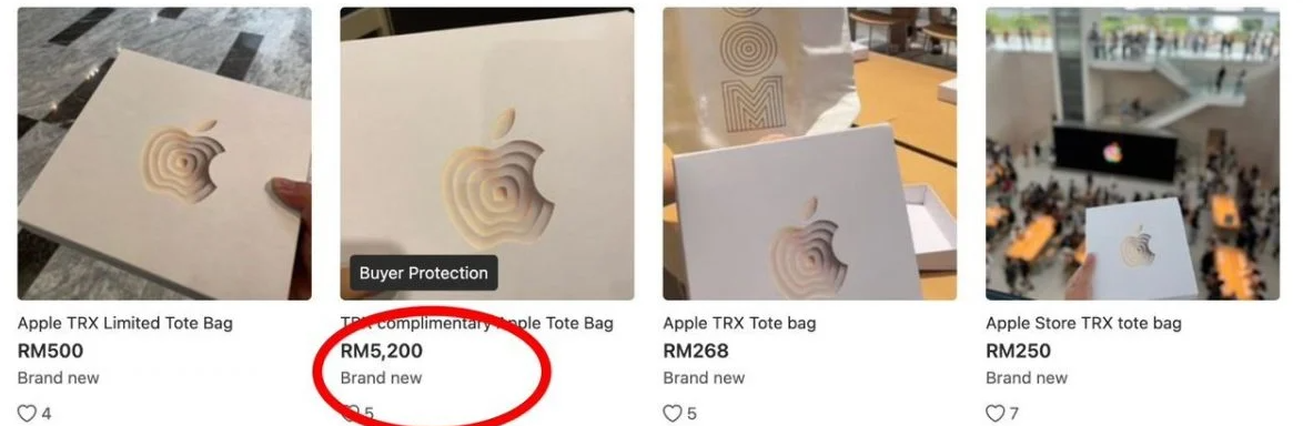 蘋果送給進店果粉的購物袋,有人在網上以5,200馬元放售。(互聯網)