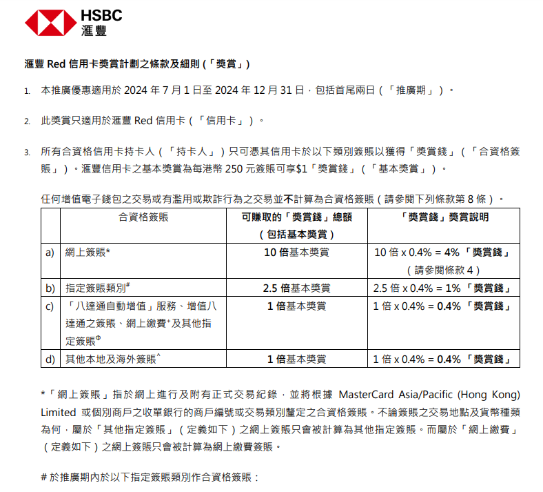 滙豐Red信用卡7月後條款。
